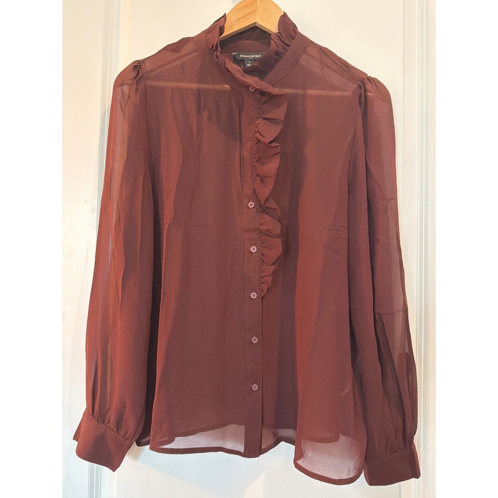 Banana Republic Burgundy Ruffle Neck Sheer Chiffon Blouse Large Long Sleeve Top